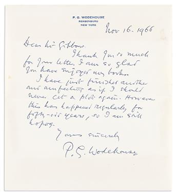 WODEHOUSE, P.G. Small archive of 8 items, each Signed, or Signed and Inscribed, to Ray Gibbons: Two Autograph Letters * Three Typed Let